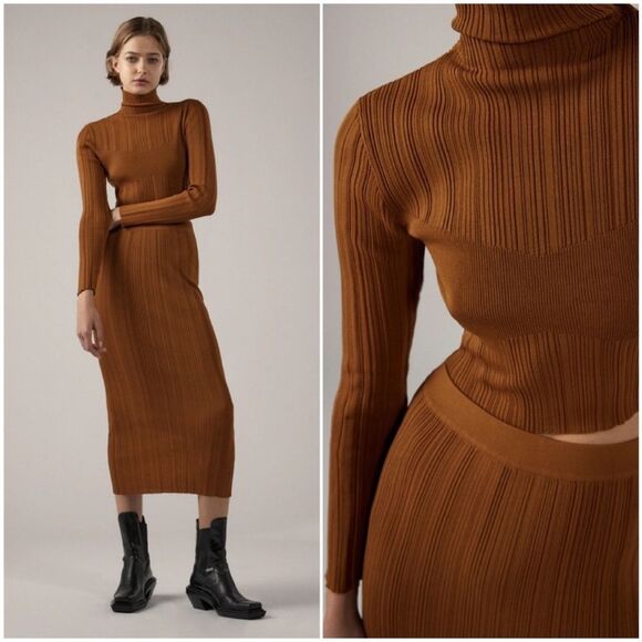 ZARA Cropped Knit High Neck Top Toffee Brown Long Sleeve Sweater Size Small New - Picture 1 of 10